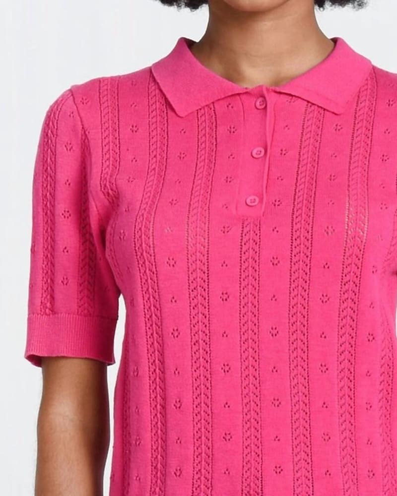 Back of a model wearing a size Large Openwork Knit Polo Sweater in Pink in Pink by MOLLY BRACKEN. | dia_product_style_image_id:334481